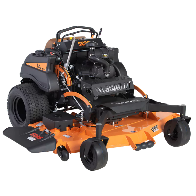 Scag V-Ride XL Stand-On Zero Turn Mower with 61-inch Velocity Cutter Deck and 37 HP Kawasaki FX EFI Engine, available at Gilford Hardware in Gilford, NH.