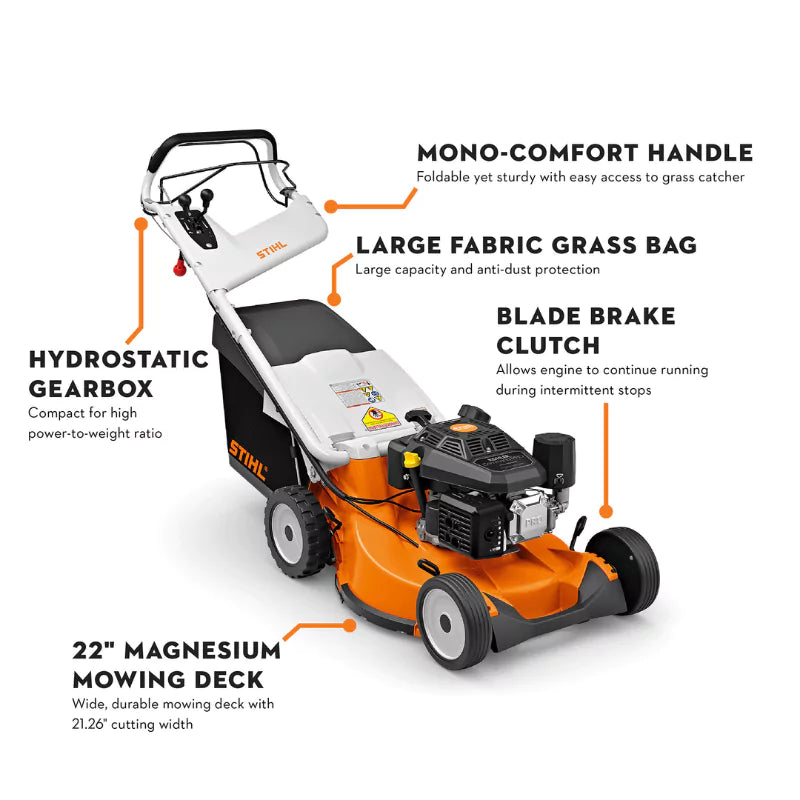 Annotated features of STIHL RM 756 YC Lawn Mower, including hydrostatic gearbox, large fabric grass bag, blade brake clutch, and magnesium deck.