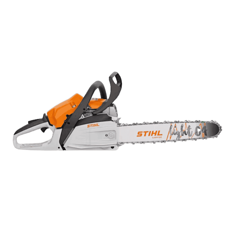 top view of the STIHL MS 182 chainsaw with the STIHL logo, anti-vibration system, and translucent fuel tank for efficient operation.