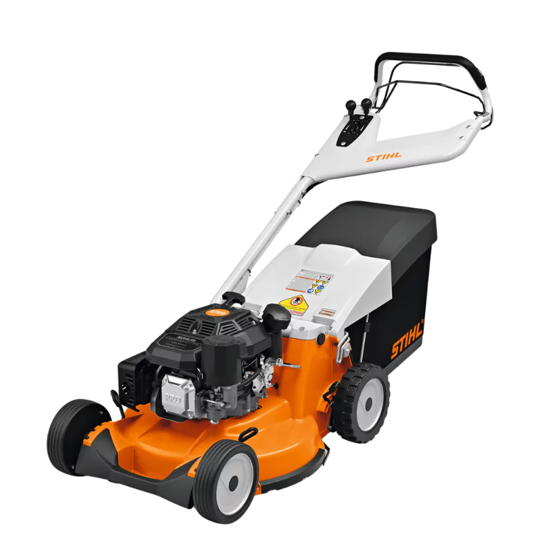 STIHL RM 756 YC Lawn Mower side view highlighting the 22-inch magnesium mowing deck and large fabric grass bag