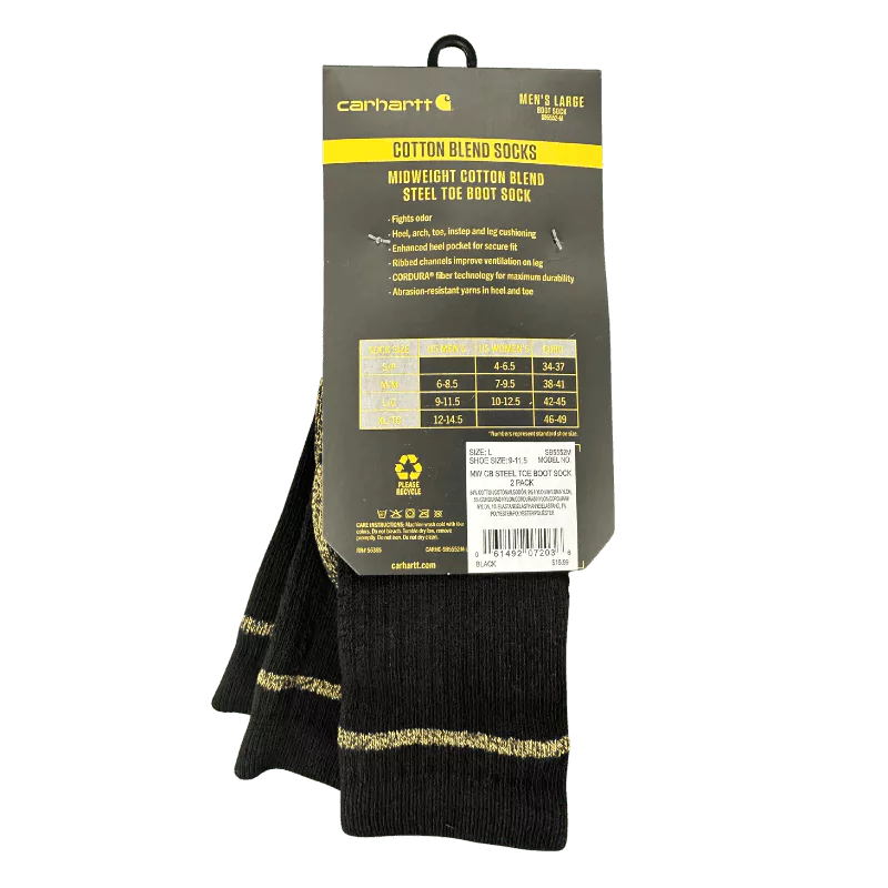 Carhartt Midweight Cotton Blend Steel Toe Boot Sock 2-Pack.