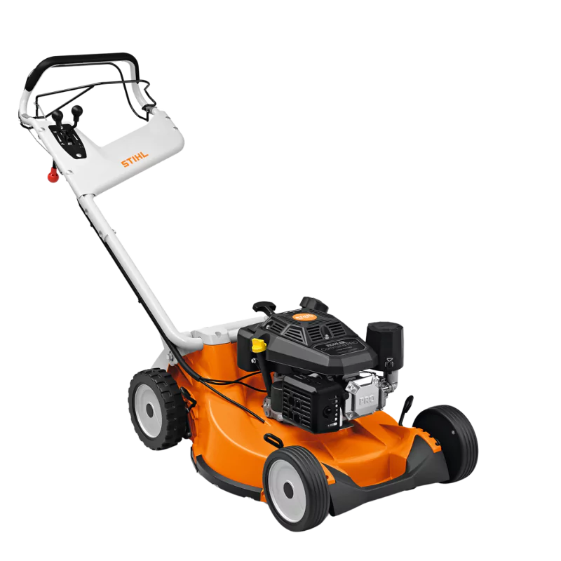 Rear view of STIHL RM 756 YC Self-Propelled Lawn Mower with retractable mono-comfort handle and sealed ball-bearing wheels.