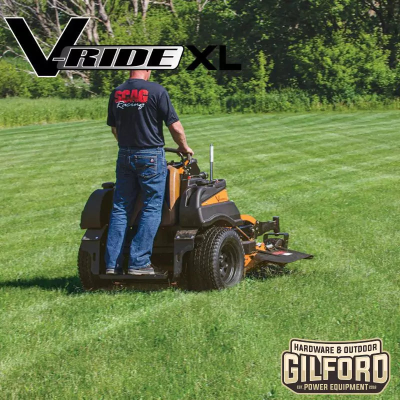 Scag V-Ride XL Stand-On Zero Turn Mower with 61-inch Velocity Cutter Deck and 37 HP Kawasaki FX EFI Engine, available at Gilford Hardware in Gilford, NH.