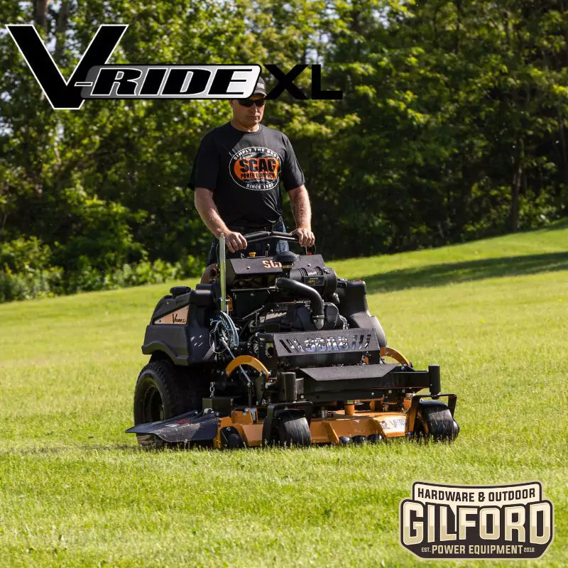 Scag V-Ride XL Stand-On Zero Turn Mower with 61-inch Velocity Cutter Deck and 37 HP Kawasaki FX EFI Engine, available at Gilford Hardware in Gilford, NH.