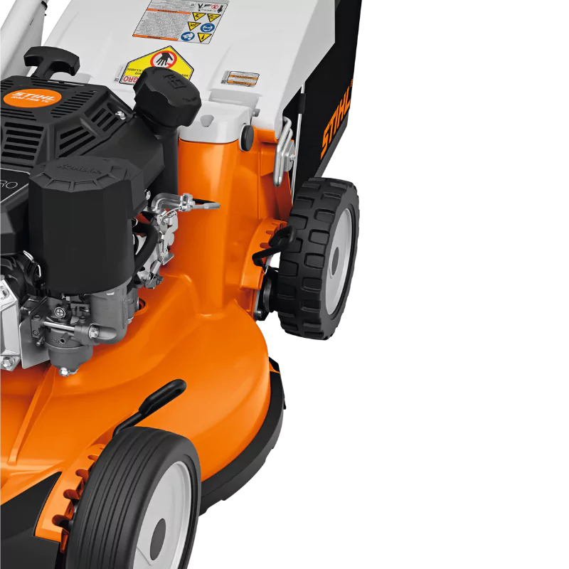 Close-up of STIHL RM 756 YC Lawn Mower detailing the Kohler Command Pro engine and cutting deck.