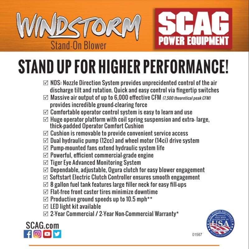 Scag Windstorm Zero-Turn Stand on Blower 37 HP Vanguard BIG BLOCK EFI | Gilford Hardware