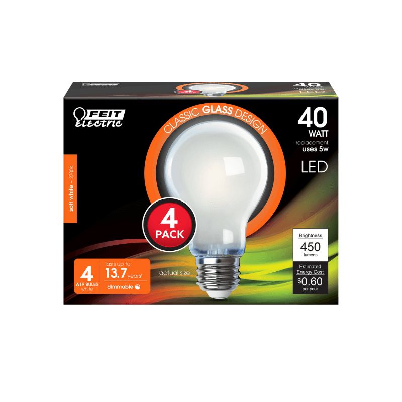 Feit Electric A19 E26 (Medium) Filament LED Bulb Soft White 40 Watt Equivalence 4-Pack. | Gilford Hardware 