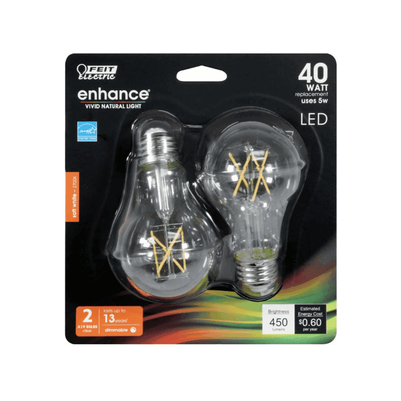 Feit Electric Enhance A19 E26 (Medium) Filament LED Bulb Soft White 40 Watt Equivalence 2-Pack. | Gilford Hardware 