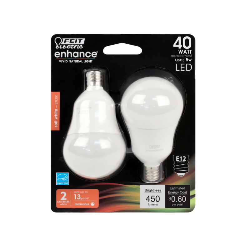 Feit Electric Performance A15 E12 (Candelabra) LED Bulb Soft White 40 Watt Equivalence 2-Pack. | Gilford Hardware & Outdoor Power Equipment