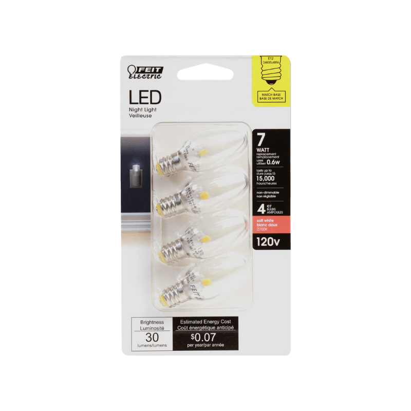 Feit Electric C7 E12 (Candelabra) LED Bulb Soft White 7 Watt Equivalence 4-Pack. | Gilford Hardware 