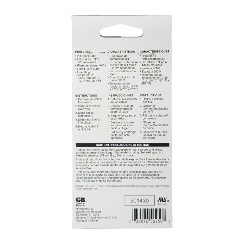 Gardner Bender Heat Shrink Tubing Black 1/4 in. 6-Pack. | Gilford Hardware 