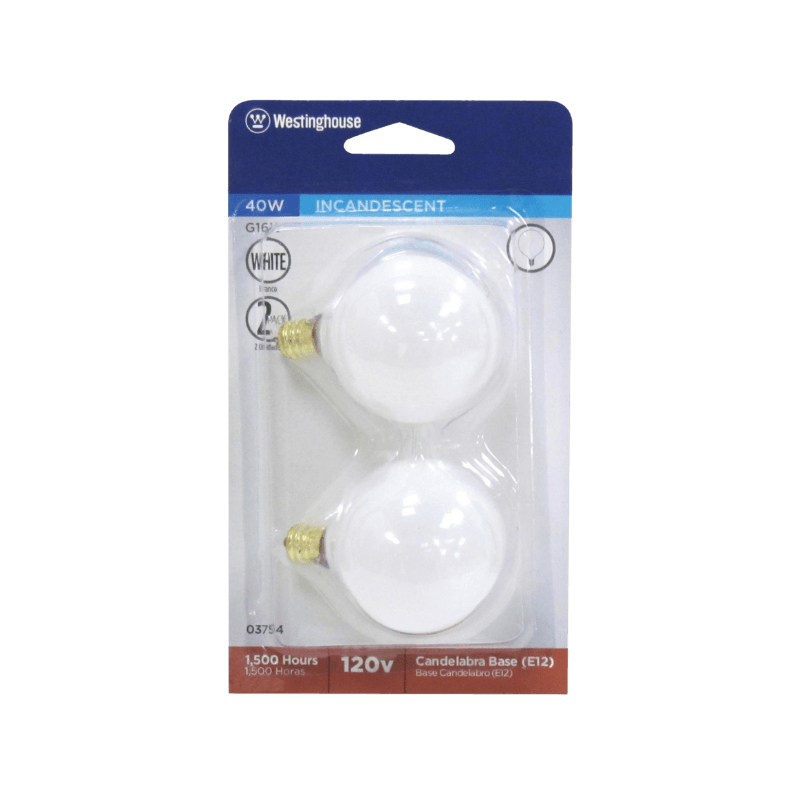 Westinghouse 40 watt G16.5 Globe Incandescent Bulb E12 (Candelabra) White 2-Pack. | Gilford Hardware & Outdoor Power Equipment