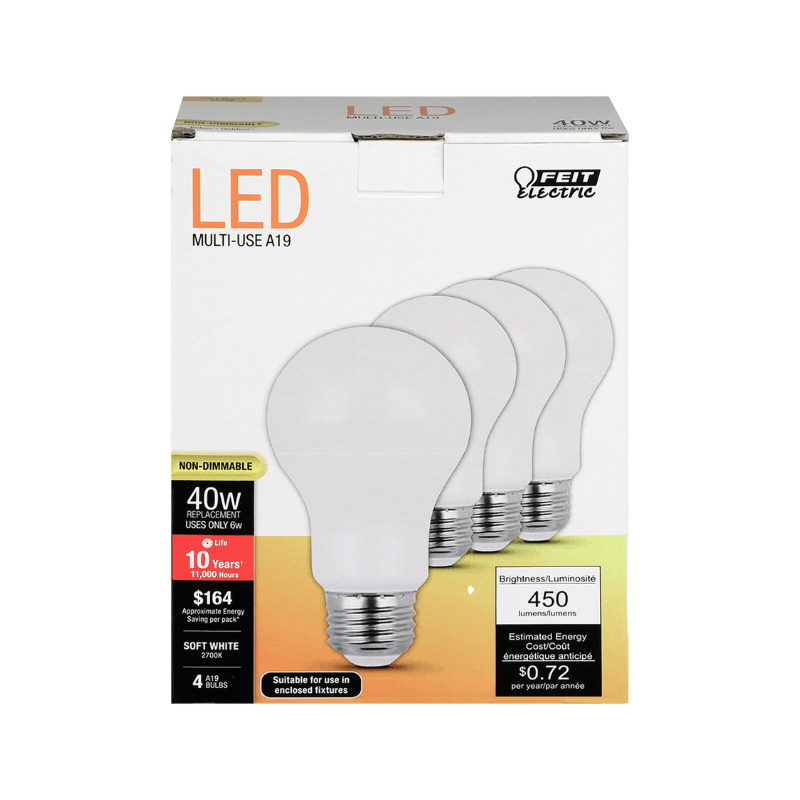 Feit Electric A19 E26 (Medium) LED Bulb Soft White 40 Watt Equivalence 4-Pack. | Gilford Hardware & Outdoor Power Equipment